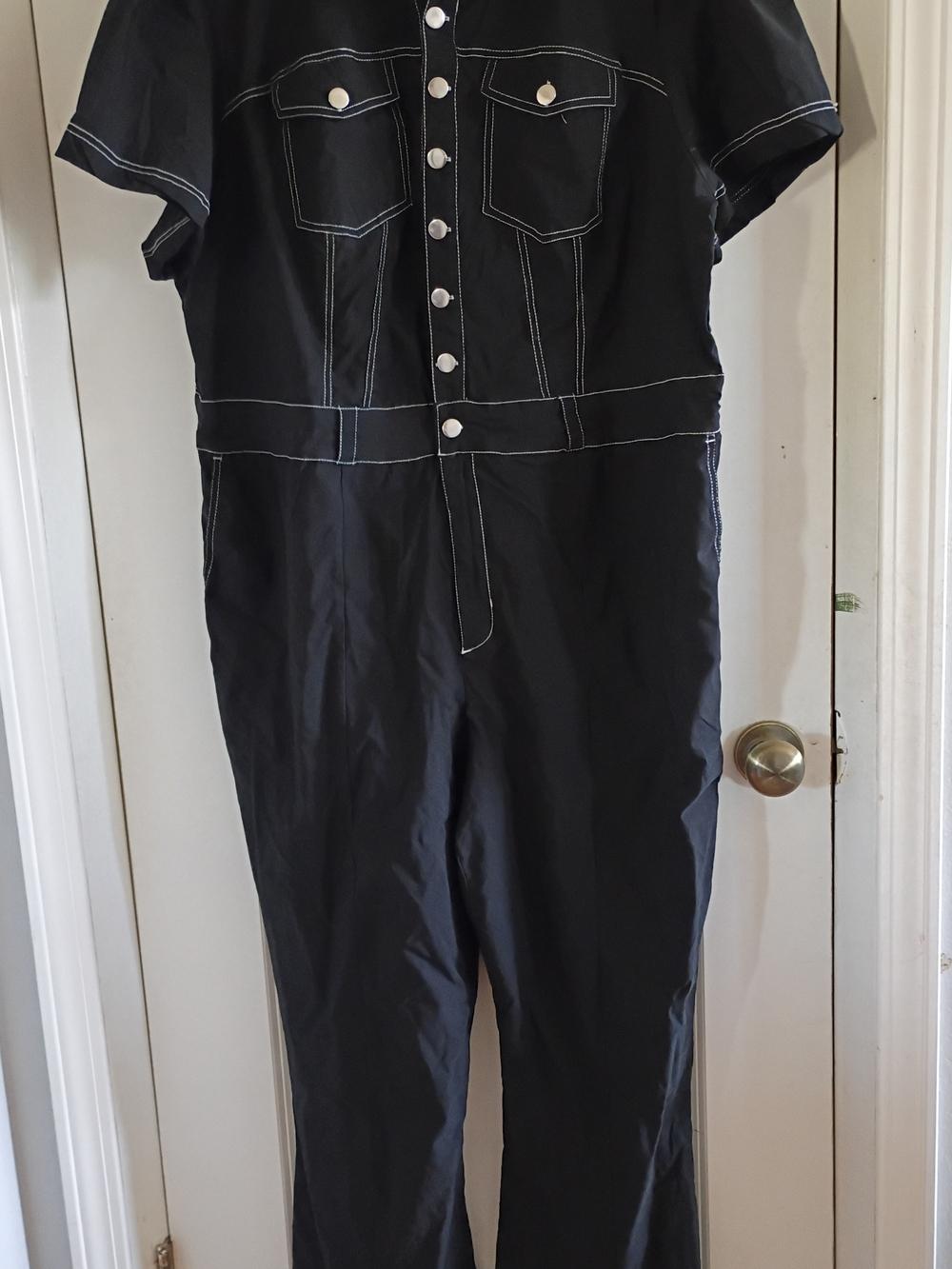 Unique Vintage Black Jumpsuit with White Contrast Stitching